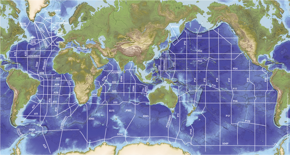 Map of the world with WOCE section lines drawn on it